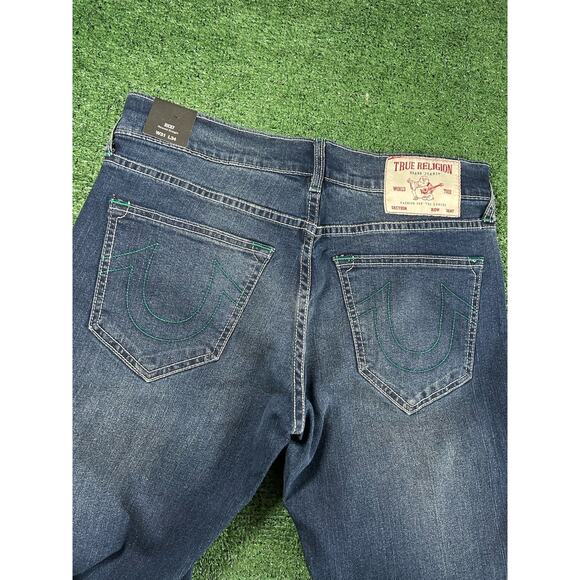 True Religion Ricky Jeans Mens 31x34 Blue Stretch Denim Relaxed Straight Flap - Picture 8 of 11